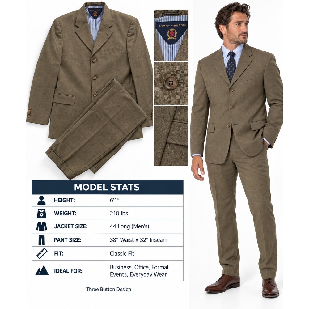 Tommy Hilfiger Mens 3 Button Suit 44L 38x32 Brown Olive Classic Fit USA Made VTG